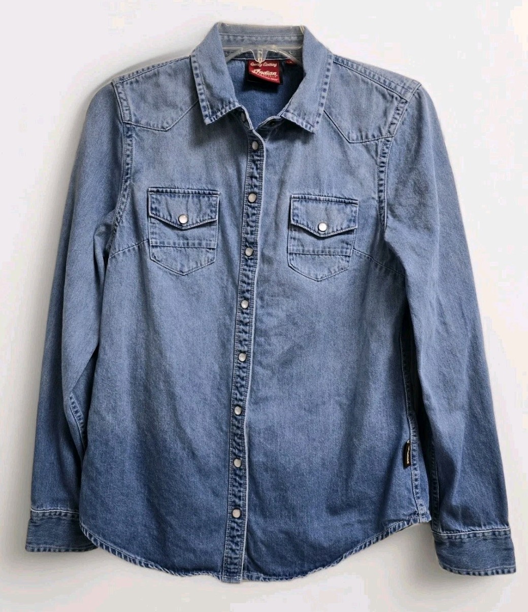 Indian Motorcycle Denim Western Shirt Snap Button Logo Back Hit Women’s Small