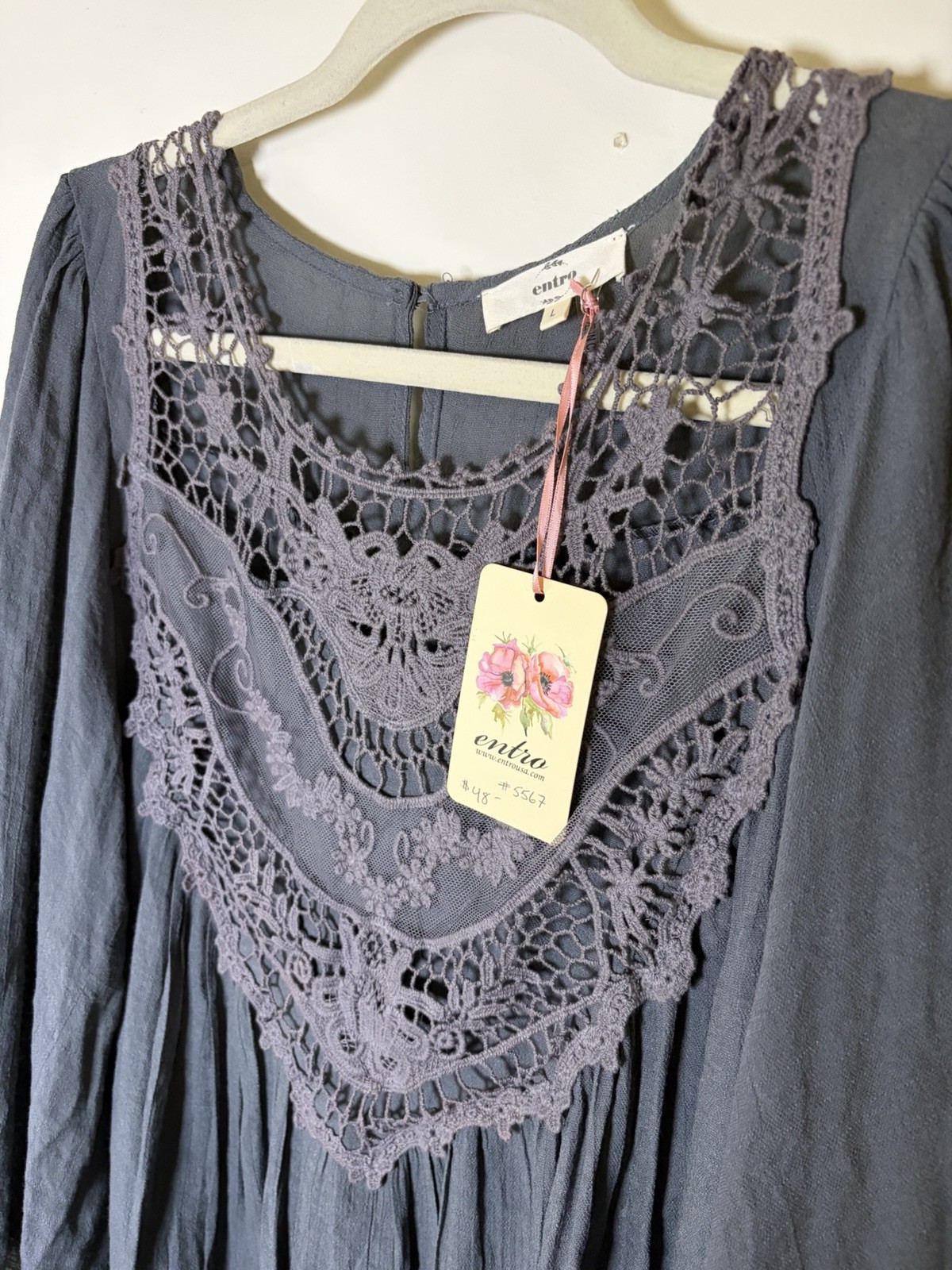 Entro Crochet Lace Flare Sleeve Wmns Top NWT Sz L Bohemian Western Eclectic