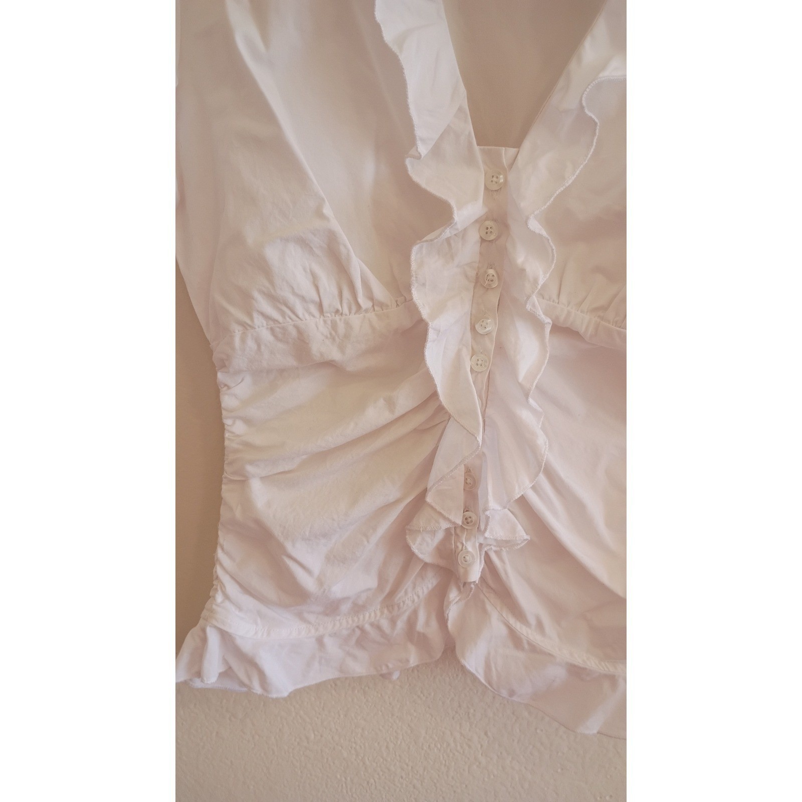 Vintage Boston Proper White Ruffle Ruched Cotton Button Down Shirt Blouse Sz 4
