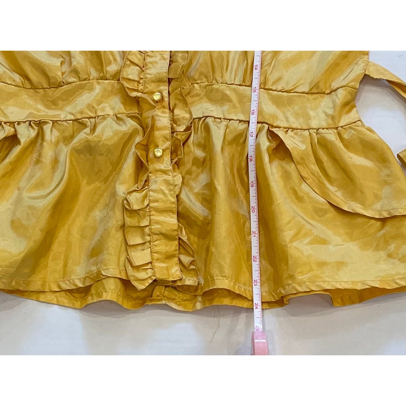 Vintage Galeno Gold Silk Short Sleeve Blouse, Lace, Ruffle, Belt / Tie, Size M