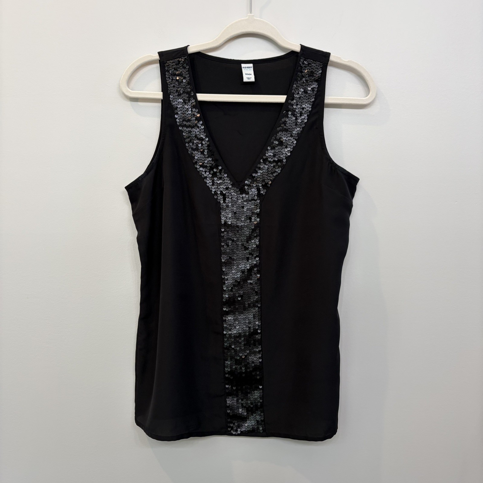 OLD NAVY Woman’s Black Tank With Sequins V-neckline Size M Party Date Night