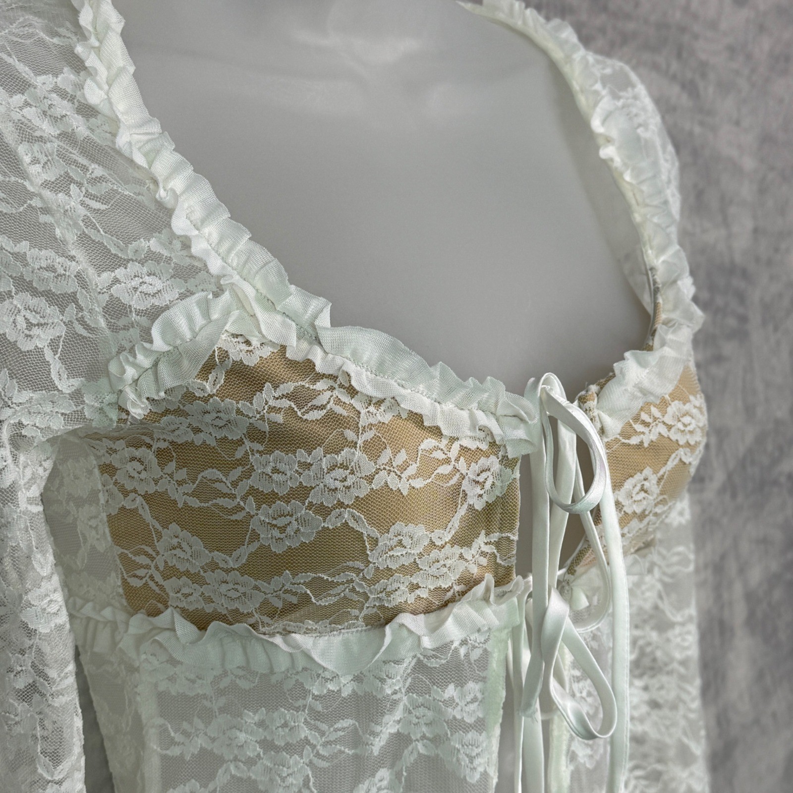 White Lace Tie Front Crop Top sz S Ruffle Trim Coquette Fairy Angel Ethereal