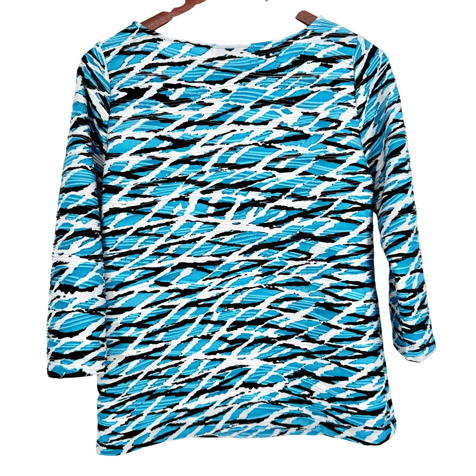 Allison Daley Sz Small Blue White Tropical Artsy Stretchy Blouse Shirt Top