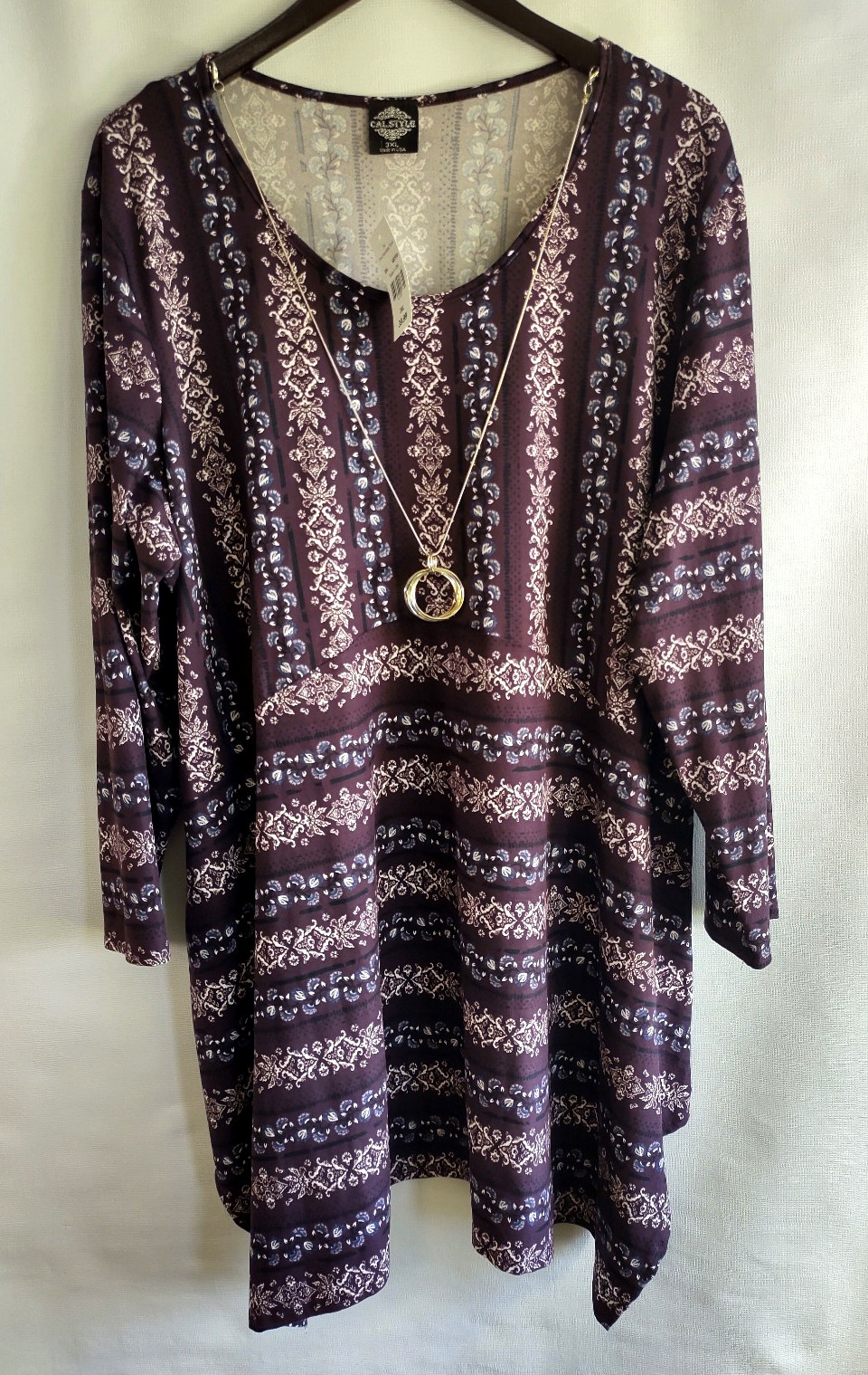 NWT Cal Style 3XL Purple Print Stripe Tunic w/Detachable Necklace~Made in U.S.A.