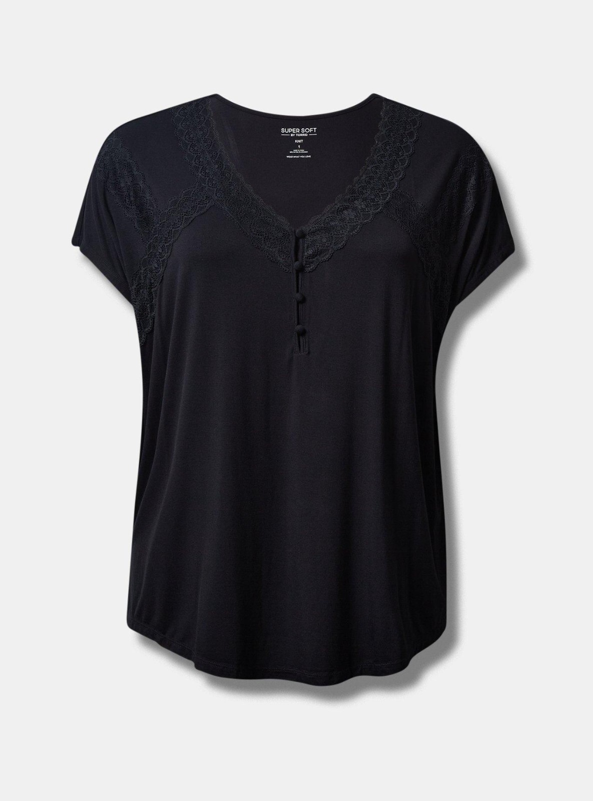 Torrid Super Soft Jersey Dolman Henley Lace Trip Top Black 2 2X 18 20 #G15059
