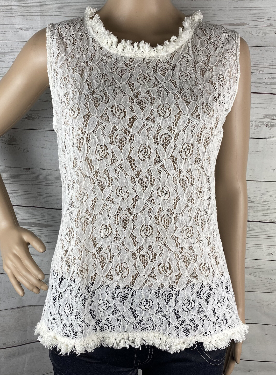 Angel + Premium Lace Shirt Medium Sheer White Sleeveless Fringe Trim Cottagecore