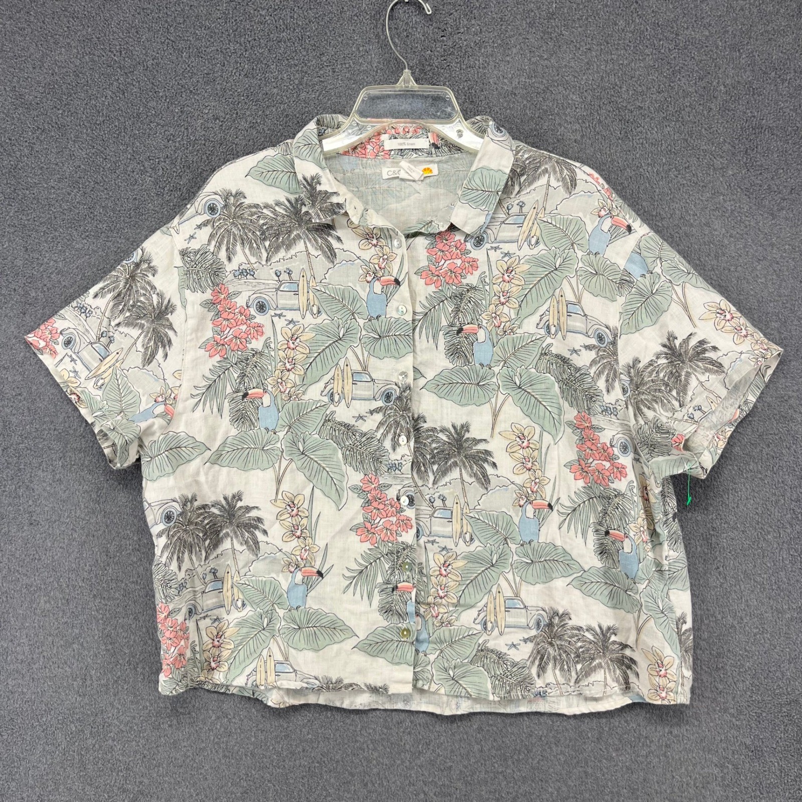 C&C California Linen Shirt Womens XL Cream Tropical Toucan Beach cruise