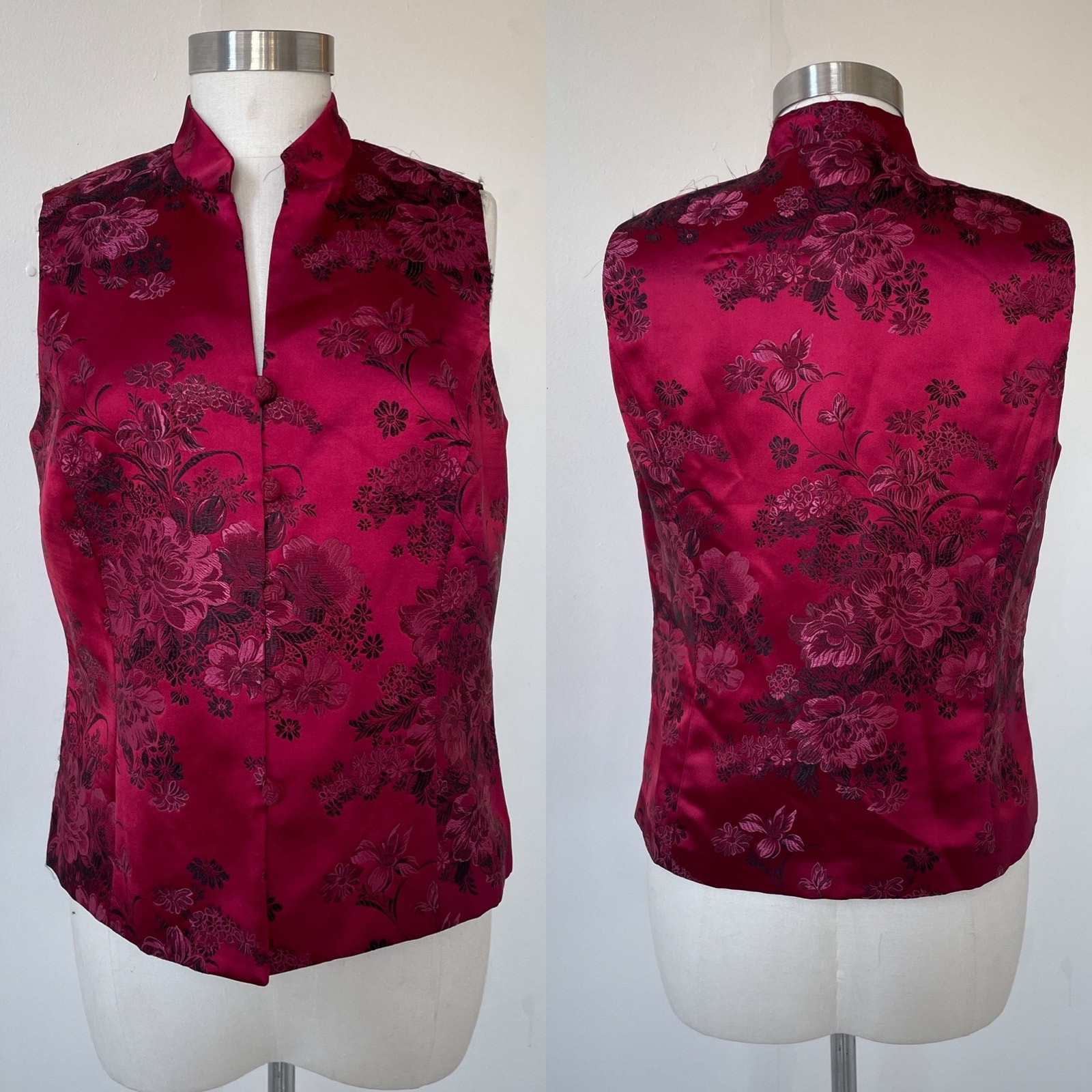 Vtg Y2K Coldwater Creek Red Embroidered Floral Asian Vest Jacket / Sz Small