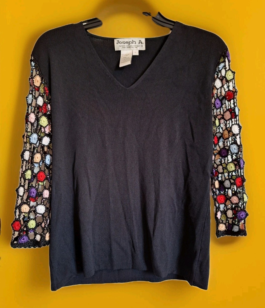 Vintage Joseph A Womens Black Shirt Crocheted Beaded Sleeves Sz L Wearable Art
