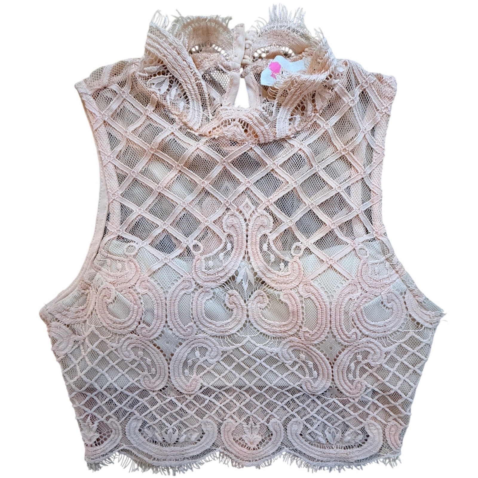 L’Atiste Peach Lace Crop Top Mock Neck Sleeveless Sm 90s Y2K Fairy Wedding
