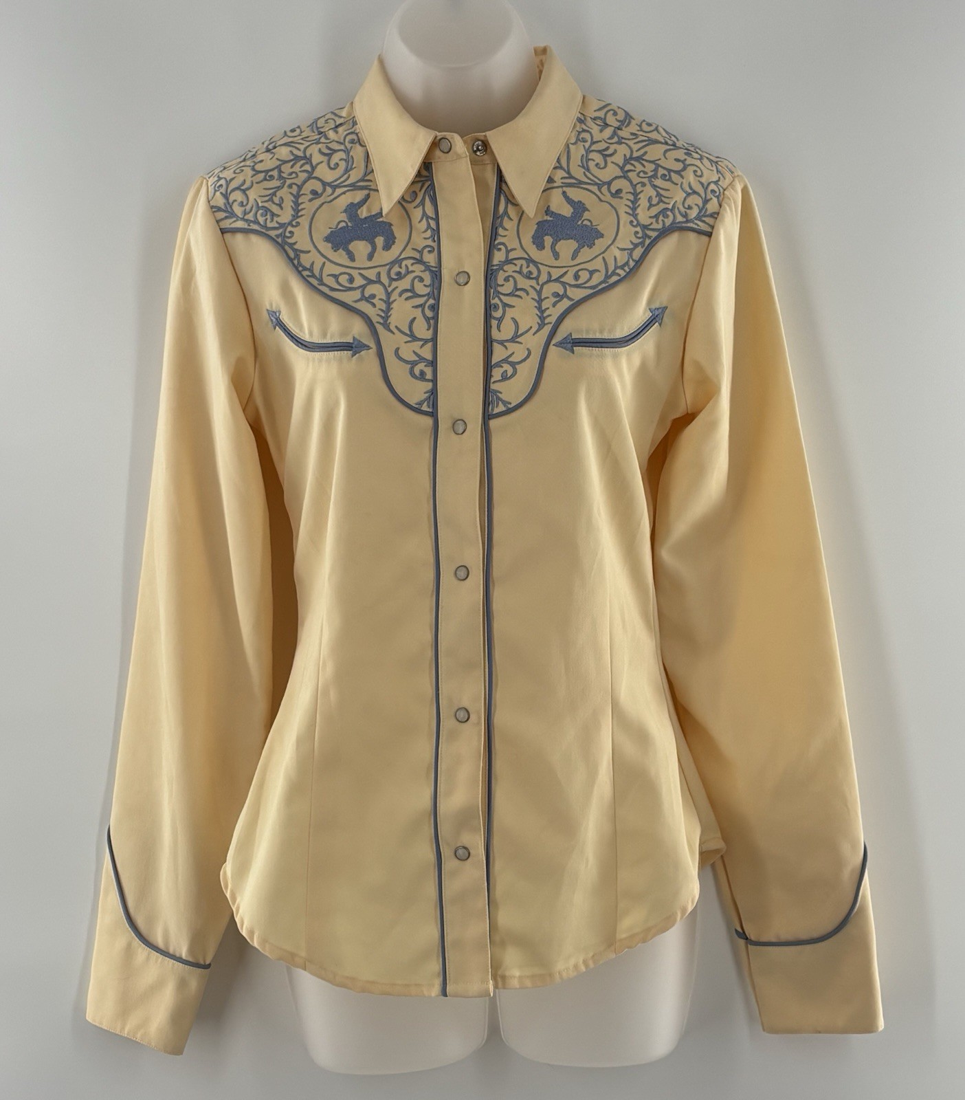 Roper Western Shirt Yellow Snap Up Womens XS Blue Embroidered Rodeo