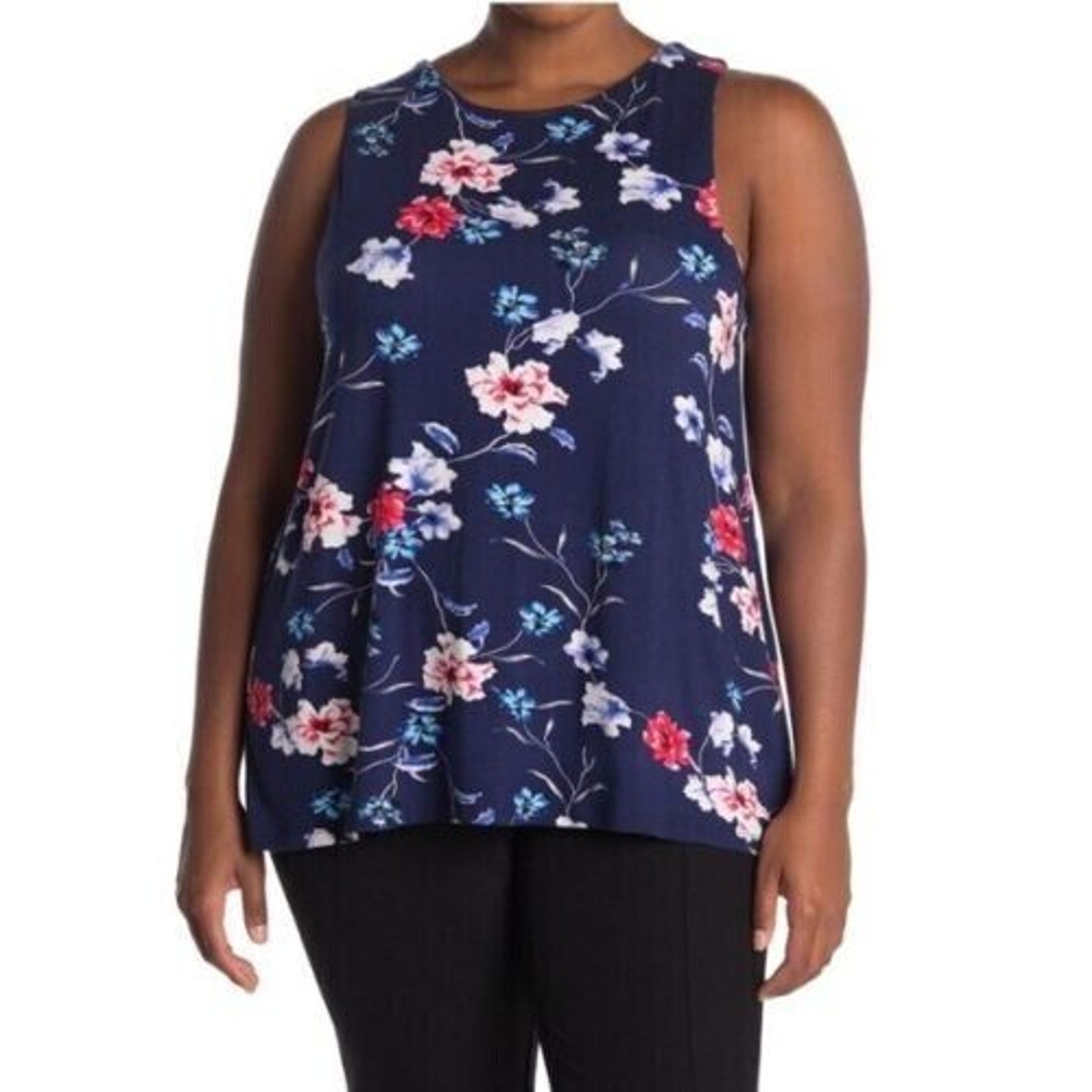 LEMON TART NEW $58 Floral Print Back Slit Lucy Tank in Navy Large
