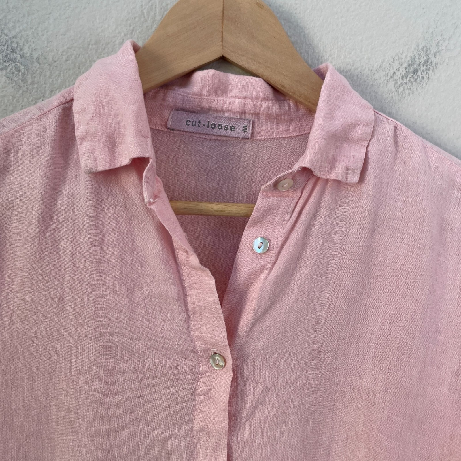 Cut Loose Womens Medium Linen Cotton Blend Button Up Top Pink 3/4 Sleeve