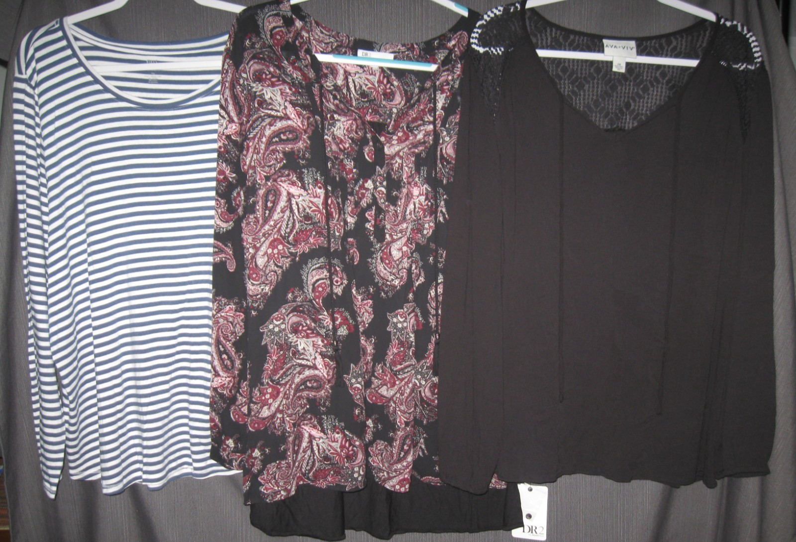 3 Women’s Tops Shirts NWT DR2 Paisley LN Falls Creek Stripe AVA VIV XL & 2X