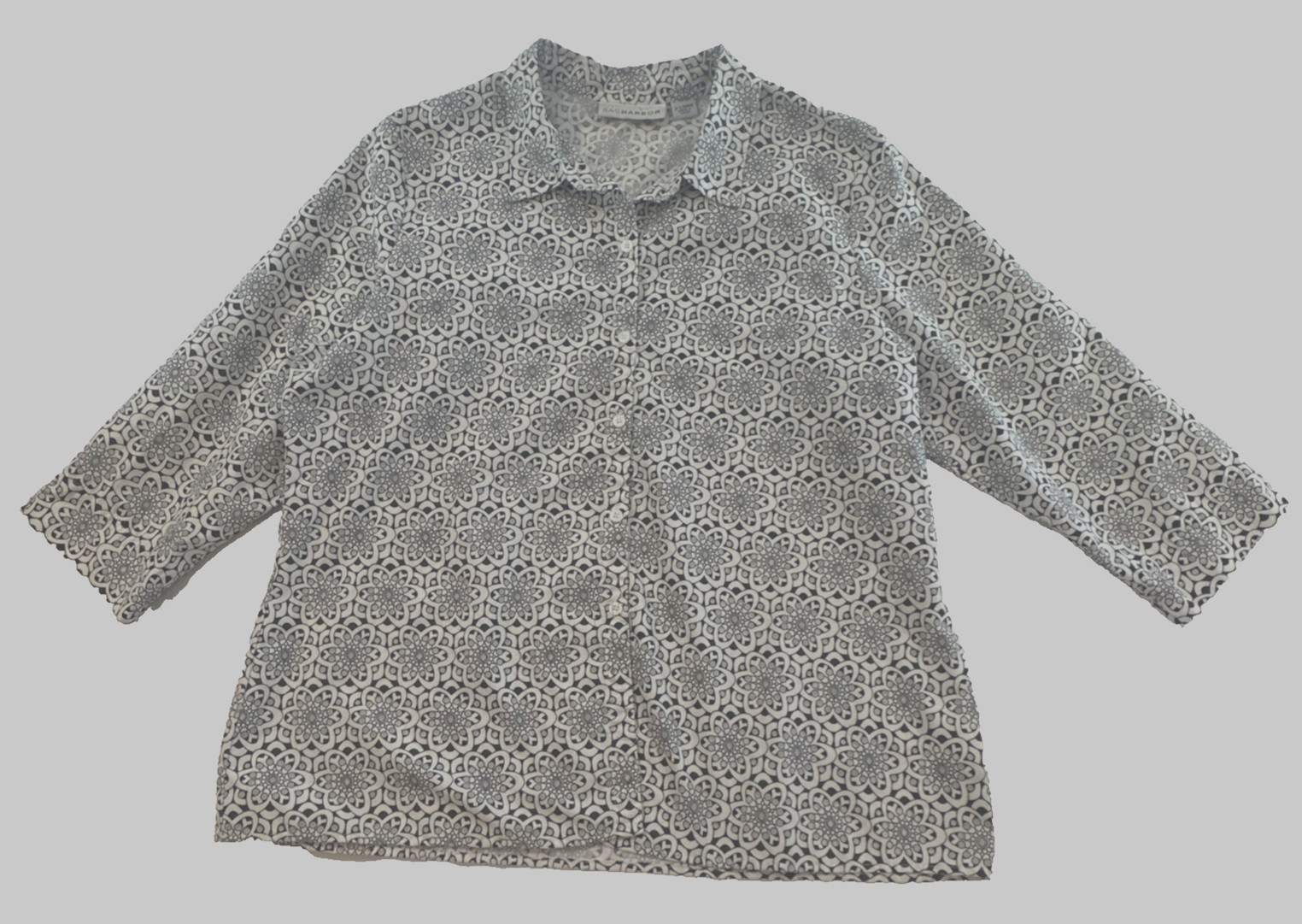 Graphic Modern Classic Geometric Peekaboo Sheer Blouse Womens XL Black White