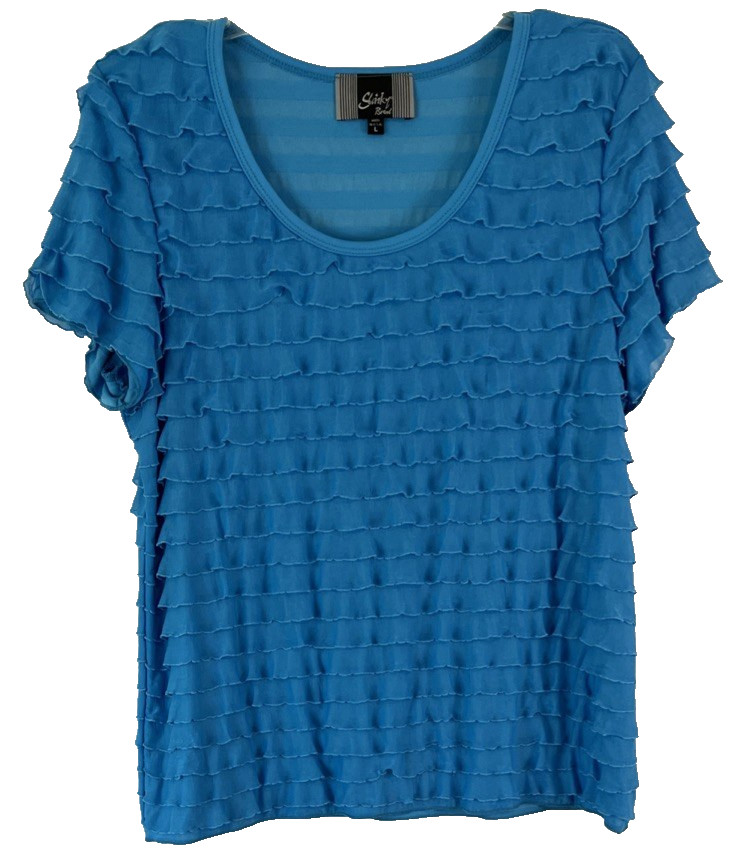 Slinky Brand Ruffle Shirt Stretch Blue Sz Large No Wrinkle Pull On Women ZH1