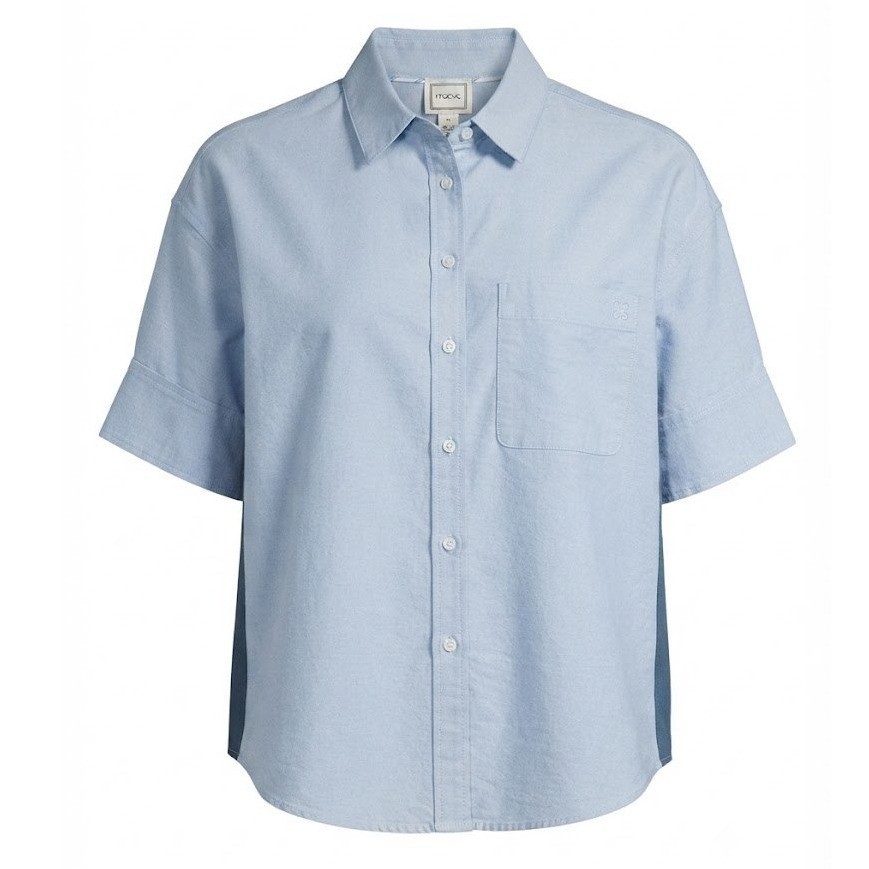 Maeve Anthropologie Blue Short Sleeve Button Down Shirt XS Contrast Trim Pleated