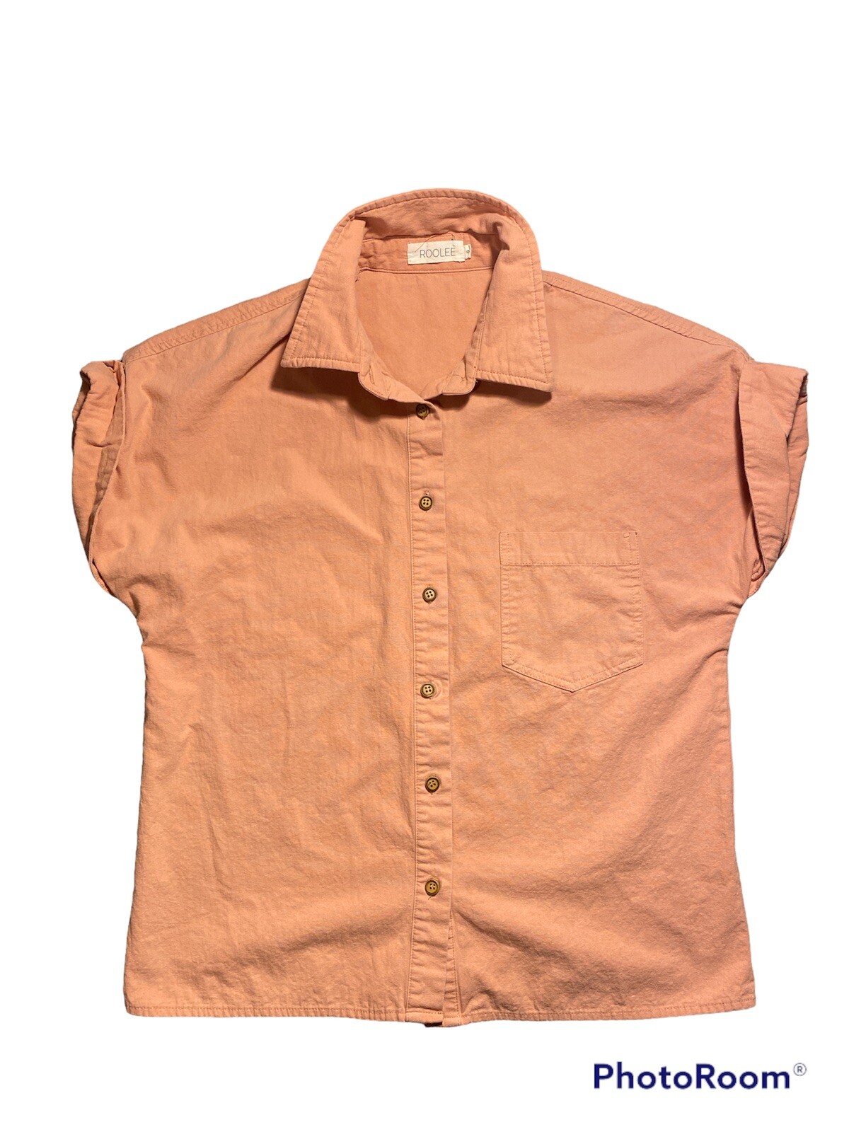 Roolee Lily button down Modest Peach Pink Short Sleeve Shirt Small