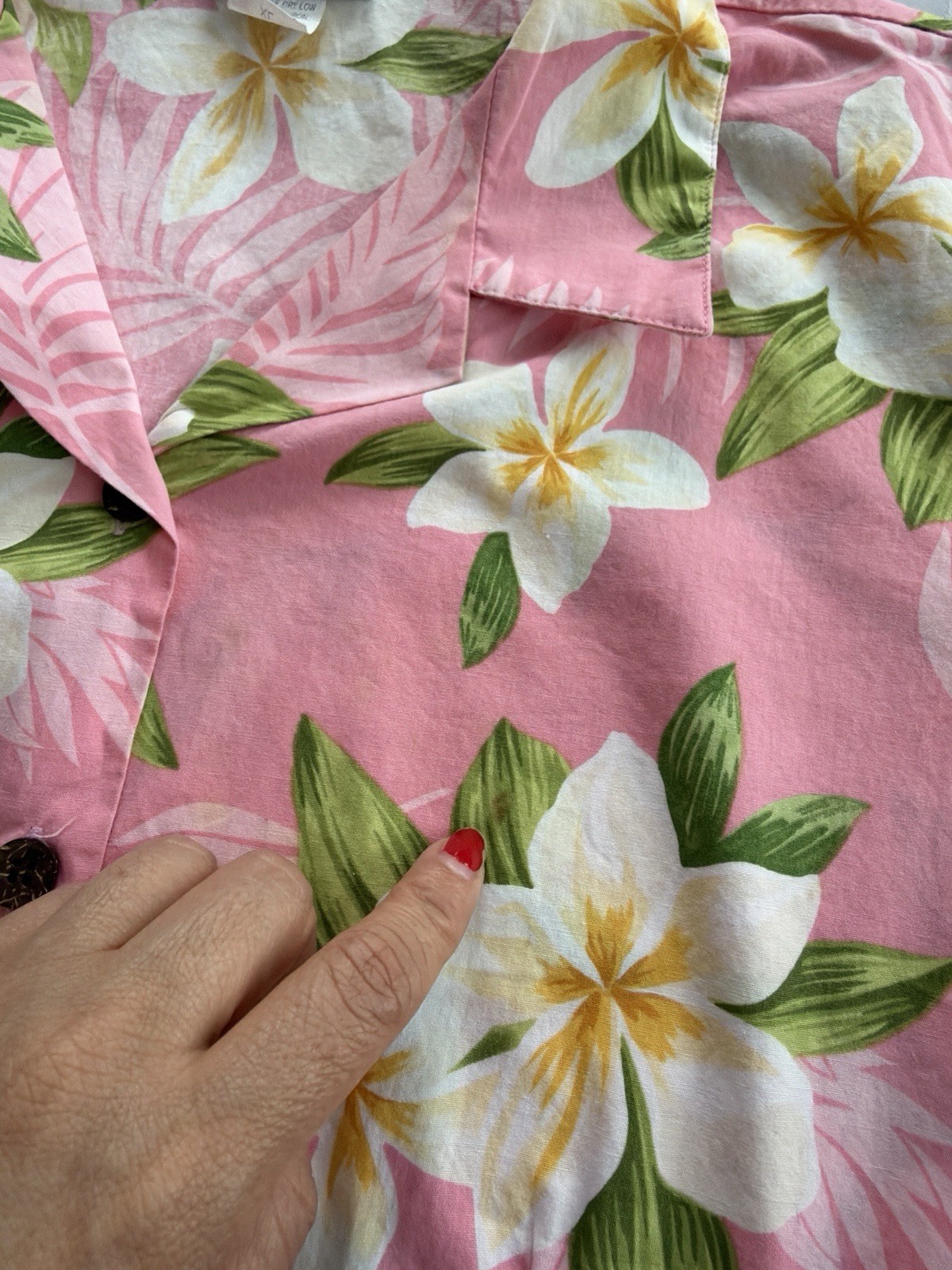 Bishop St Hawaiian Aloha Shirt Pink Plumeria Floral Cotton Women XL Made Hawaii