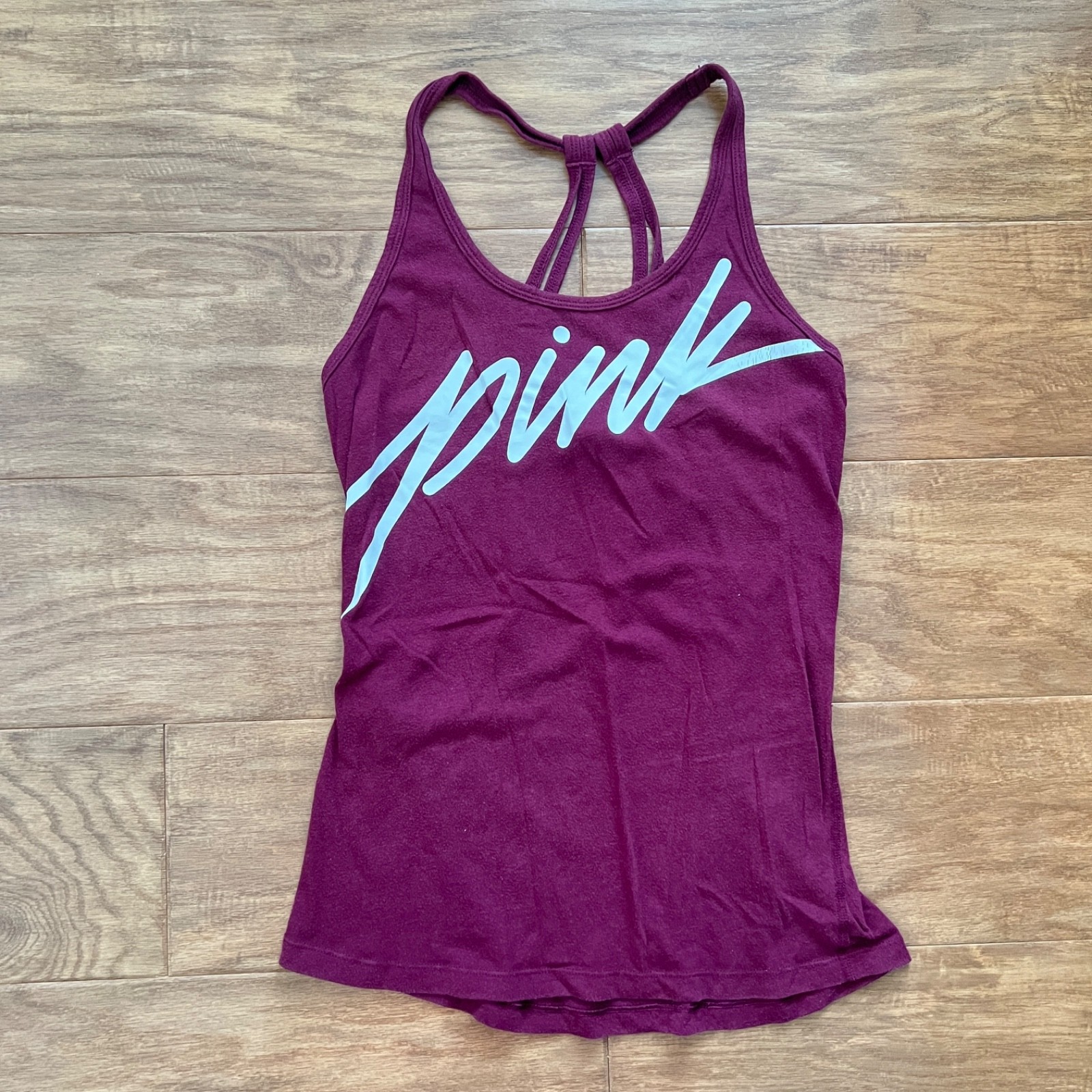 PINK Victoria’s Secret Strappy Tank Top Size XS Burgundy/White Spell Out
