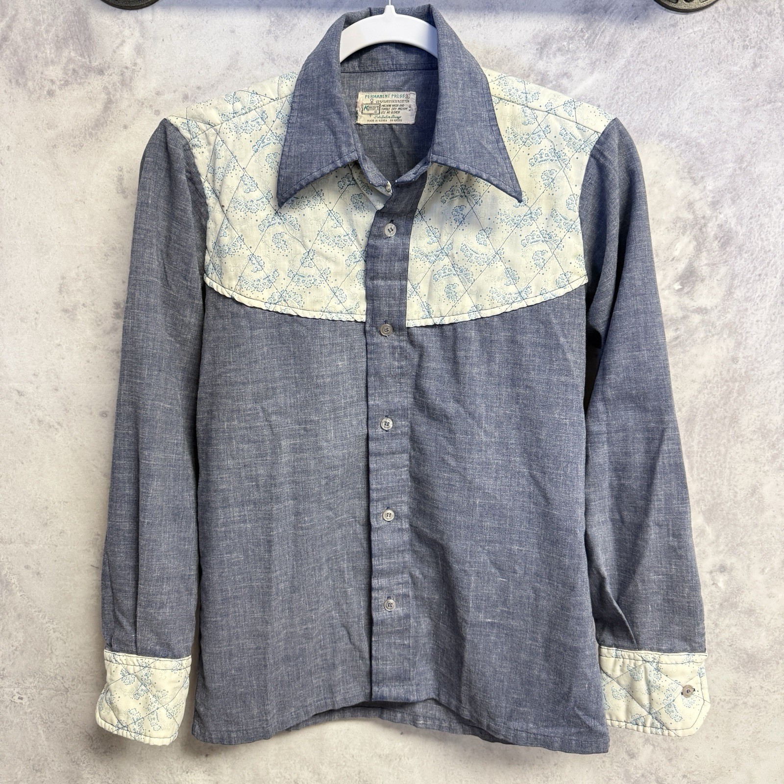 Vintage 70s Kmart Permanent Press Button Up Shirt Womens 18×23 Blue