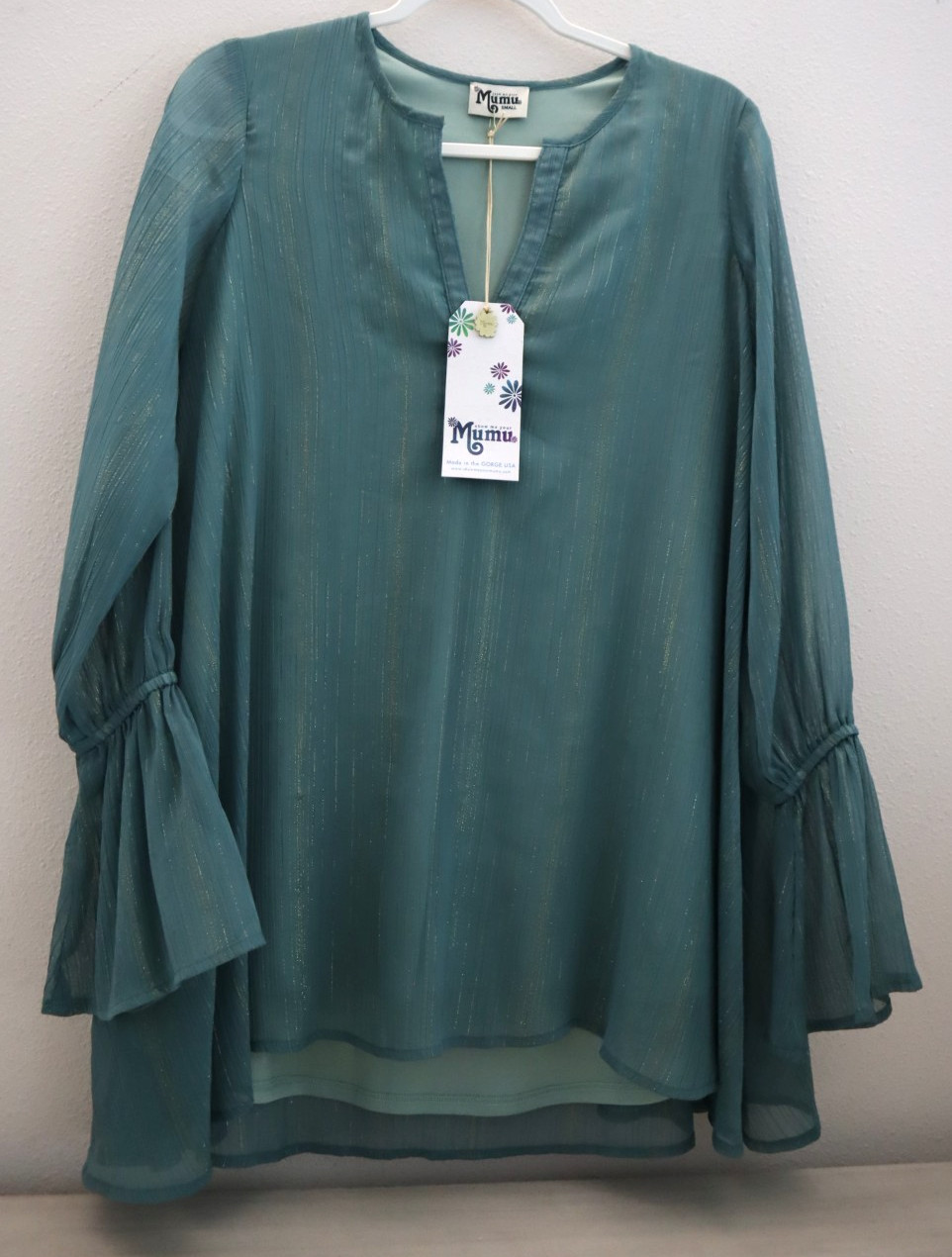 Show Me Your Mumu Women’s Sz S Green Metallic Perveen Pirate Tunic Blouse $154