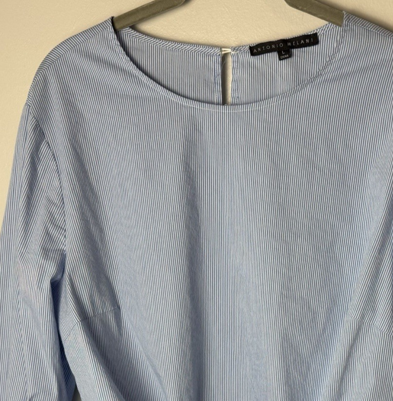 Antonio Melani Blouse Size Large Top 3/4 Sleeves Tie Front Blue White Stripes