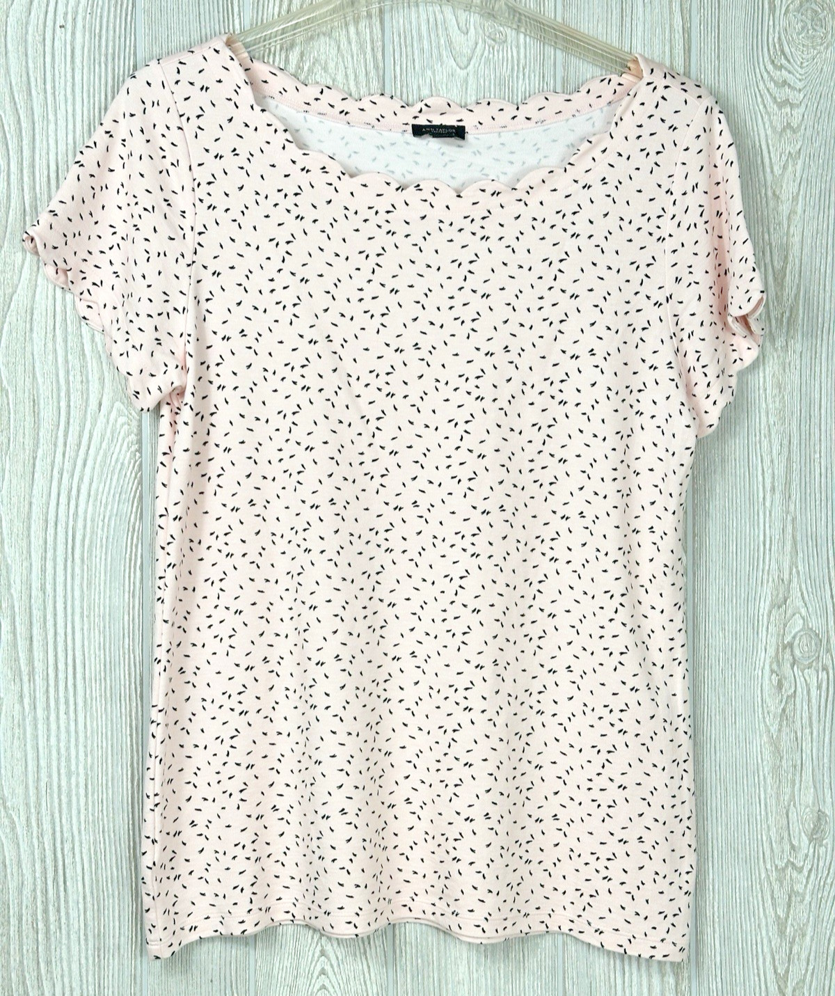 Ann Taylor Pale Pink Women’s Knit Top Size Large Scalloped Collar/Sleeve Stretch