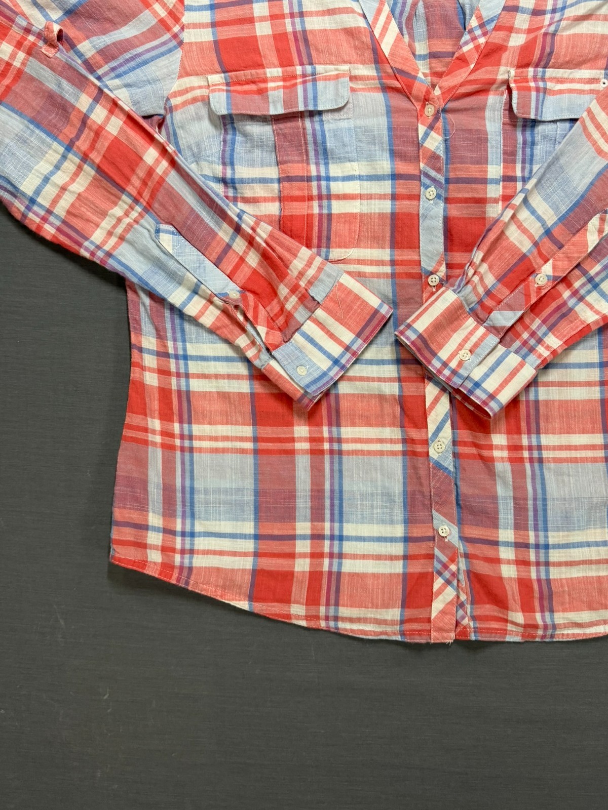 Columbia PFG Women’s XL Red Blue Plaid Roll Tab Fishing Shirt 100% Cotton