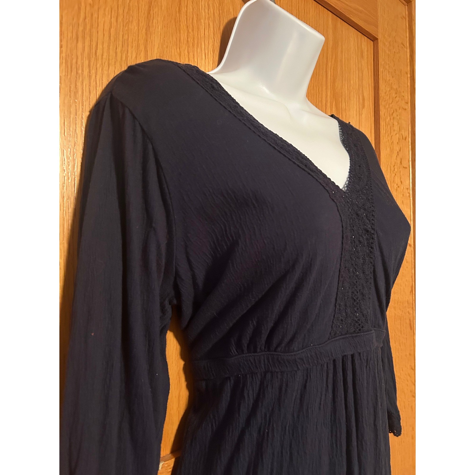 Vintage Y2K Navy Blue Crochet Lace Empire Waist Tie Back Top Sz M Boho Baby Doll