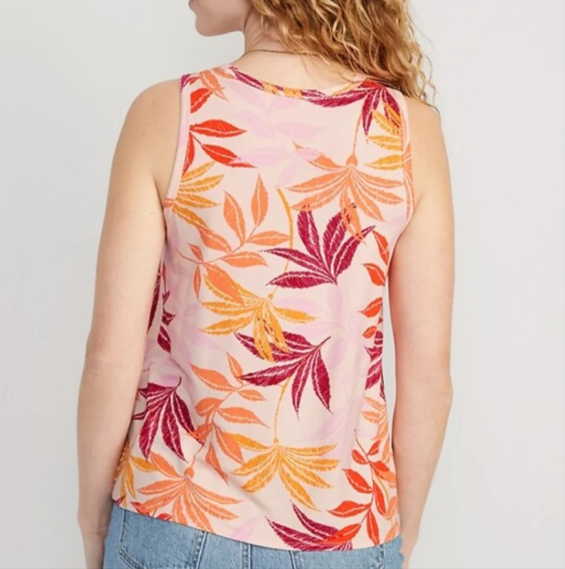Old Navy LUXE sz L (Chest 42″) Pink Orange Leaf Print Jersey Tank Top New