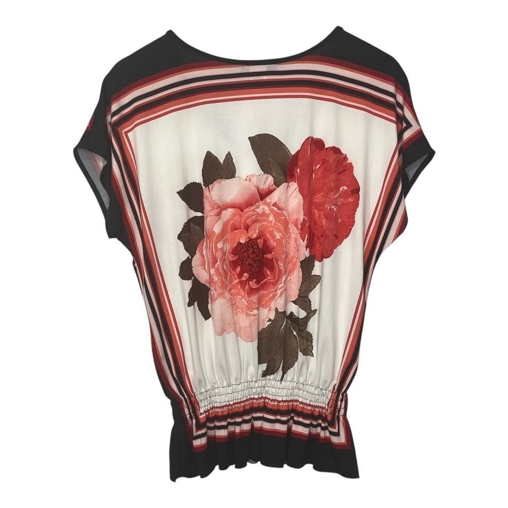 Claudia Richard Floral Peplum Blouse Women Medium White Red Smocked Tie Neck NEW
