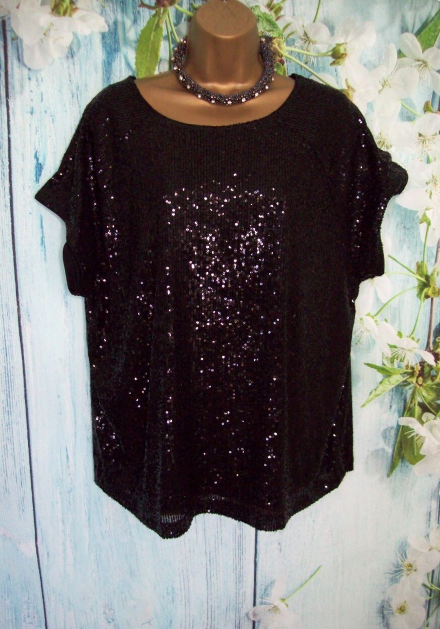 Next Black Sequin Stretch Top Size 18 Petite Party Evening Cruise Occasion