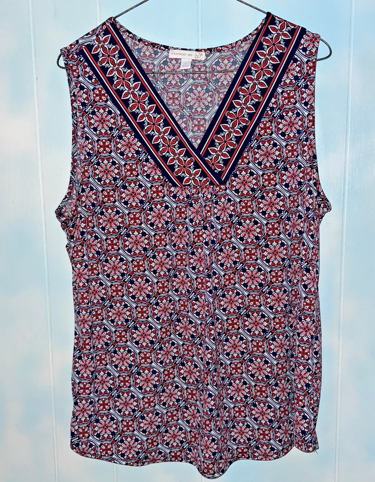 Women’s Sleeveless Westport Top V-Neck Red Blue White Softly Gathered Large