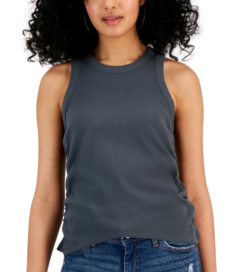 Rebellious One Juniors’ Cotton Blend Side Ruched Tank Top Turbulence XL