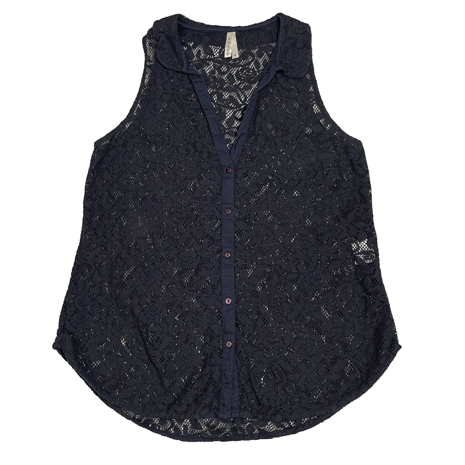 Roper Western Shirt Top Sz M Sleeveless Black Lace Sheer Rose Cowgirl Feminine