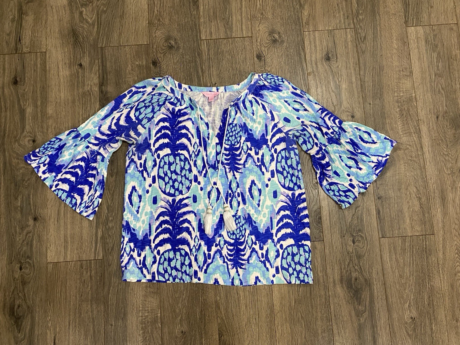 LILLY PULITZER Tropi Call Me Blue Tunic Top Medium Tassels Flared Bell Sleeves