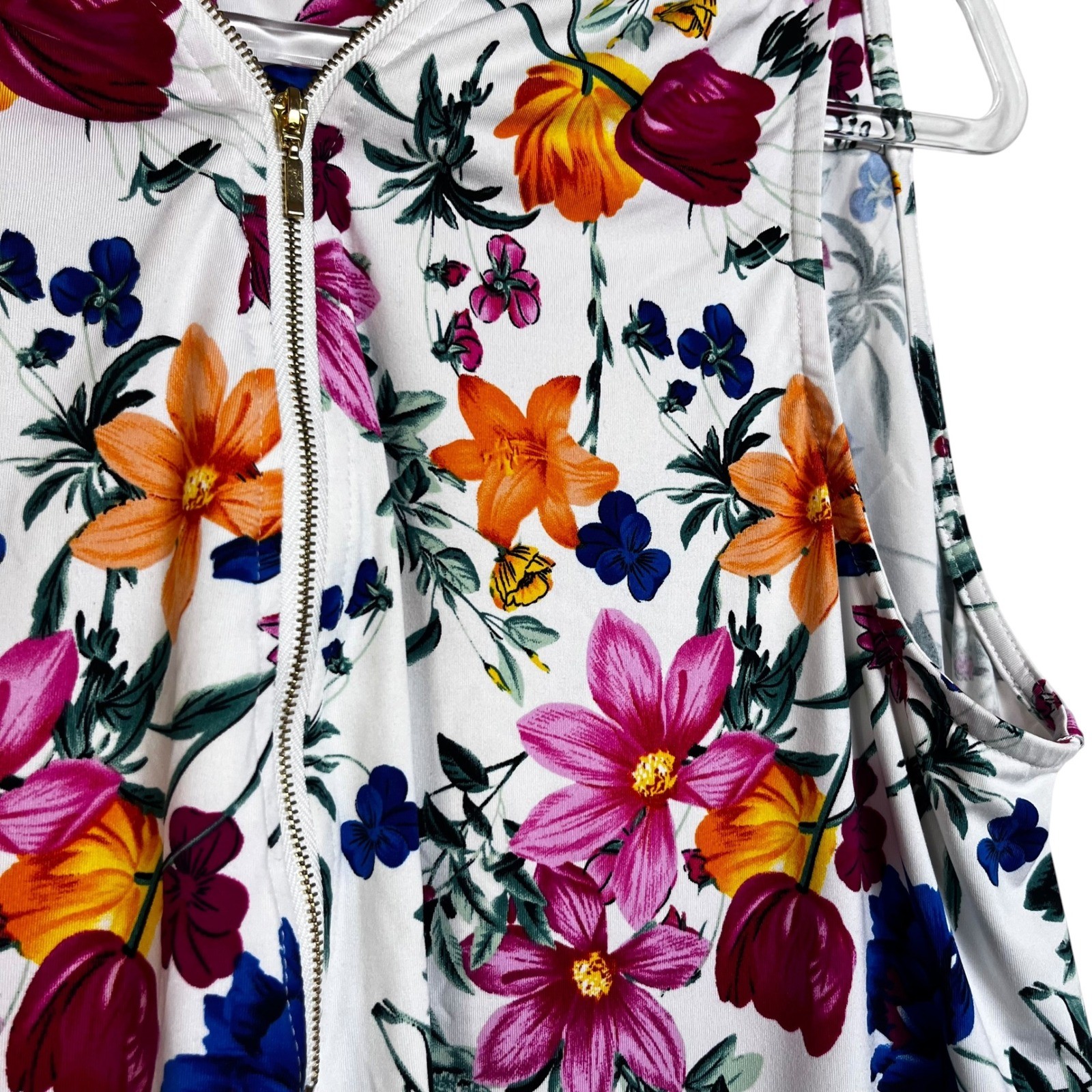 Robert Louis Floral Liquid Knit Sleeveless Half Zip Blouse White Multicolor XL