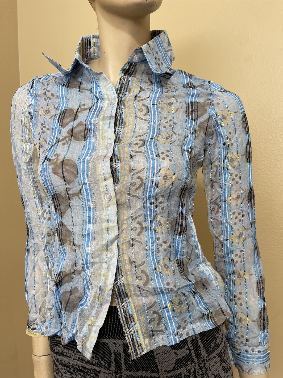 Women’s Light Blue Floral Polyester Casual Strip Pleat Size S Button Blouse Top