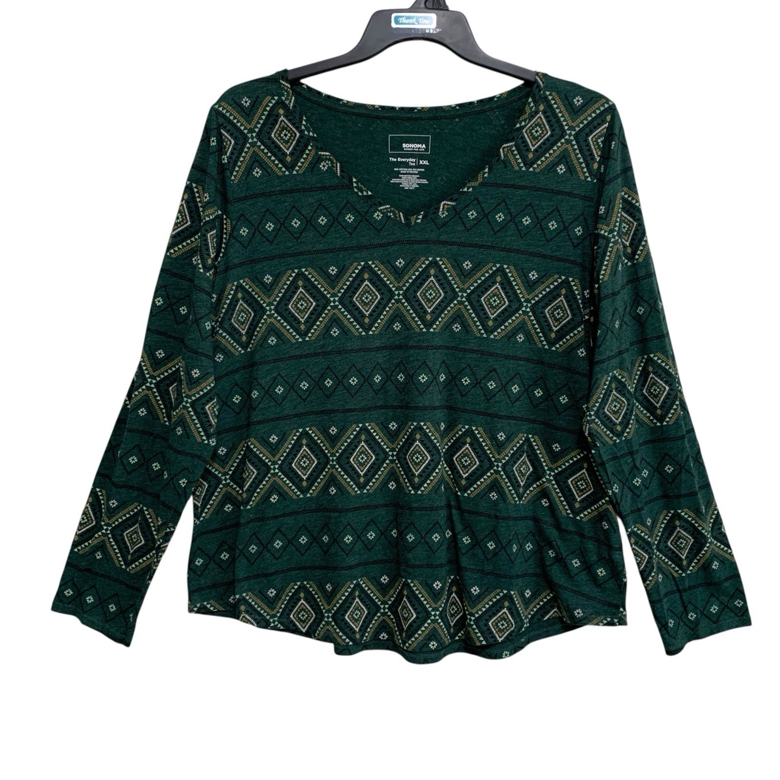 Sonoma The Everyday Tee Womens Size XXL Green Aztec Long Sleeve V-Neck Knit