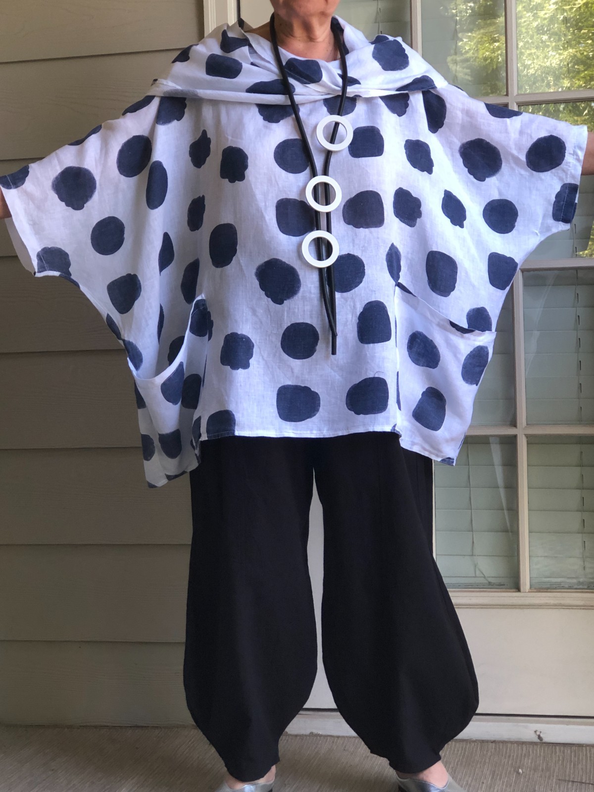 Linen Cowl Tunic Blue White Polka Dot Batwing Boho Artsy Lagenlook Necklace OSFM