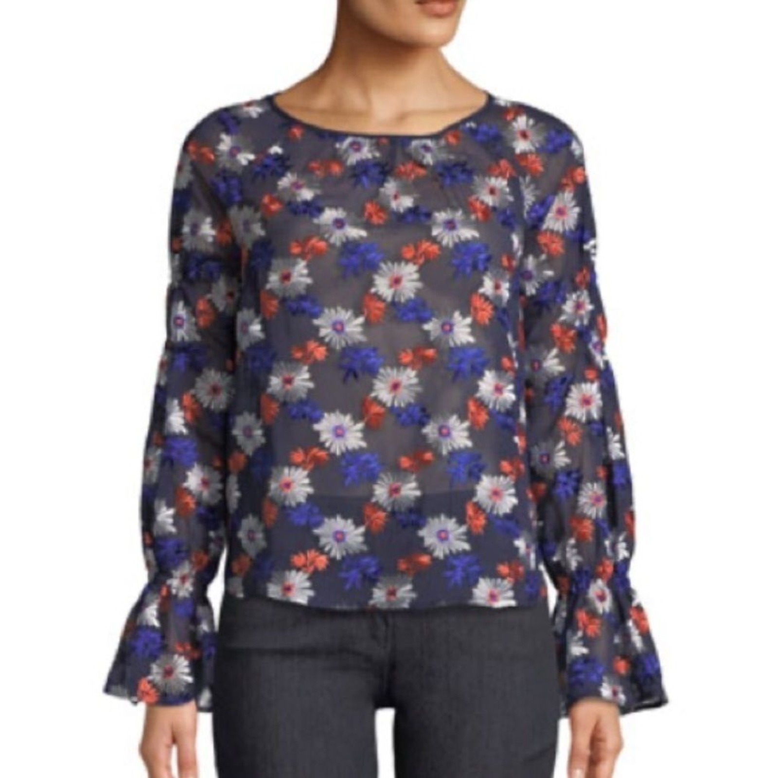 Ella Moss Anthropologie floral daisy embroidered long sleeve sheer blouse XS
