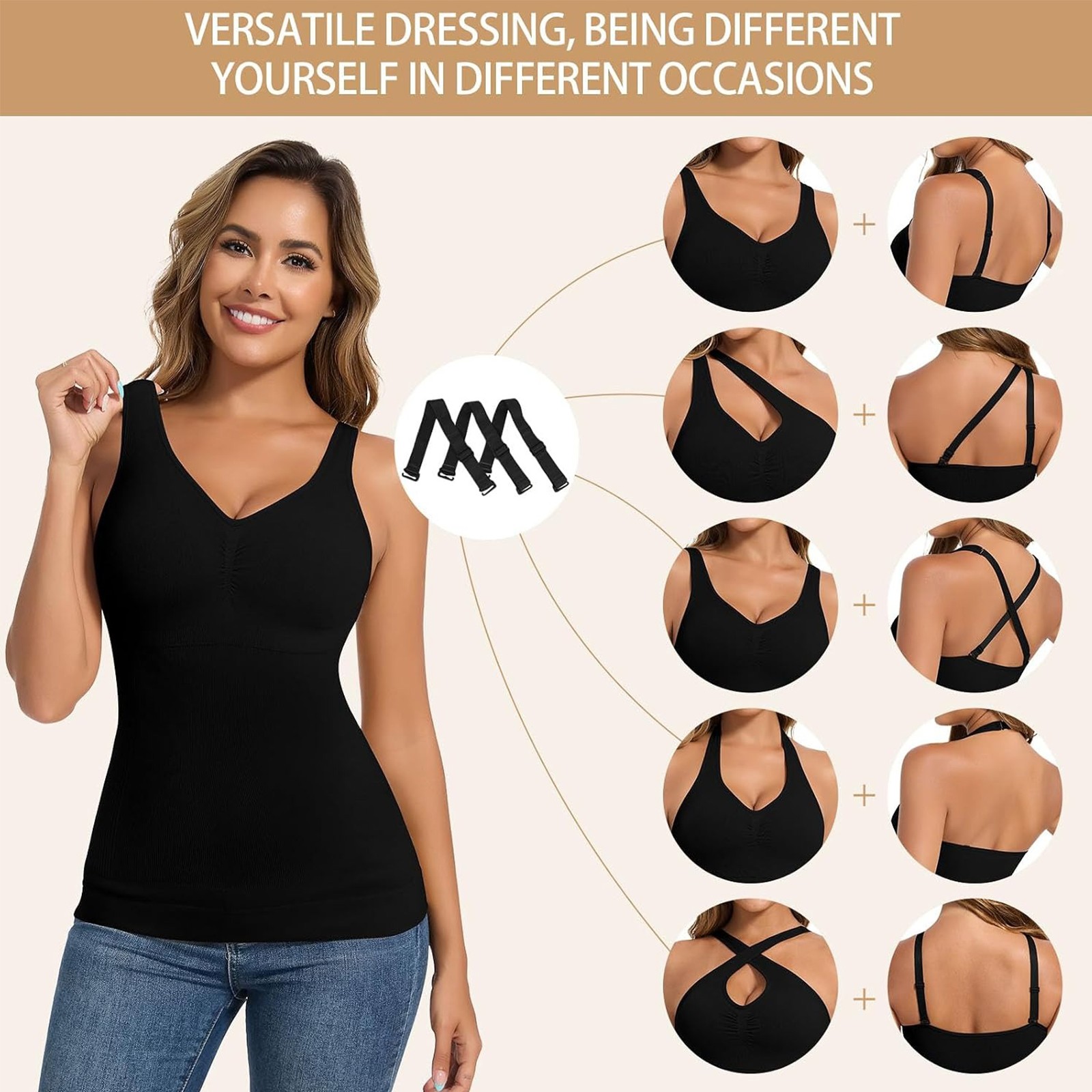Women Shapewear Cami with Built in Bra Multi-way Strap Tummy Control Body Shaper