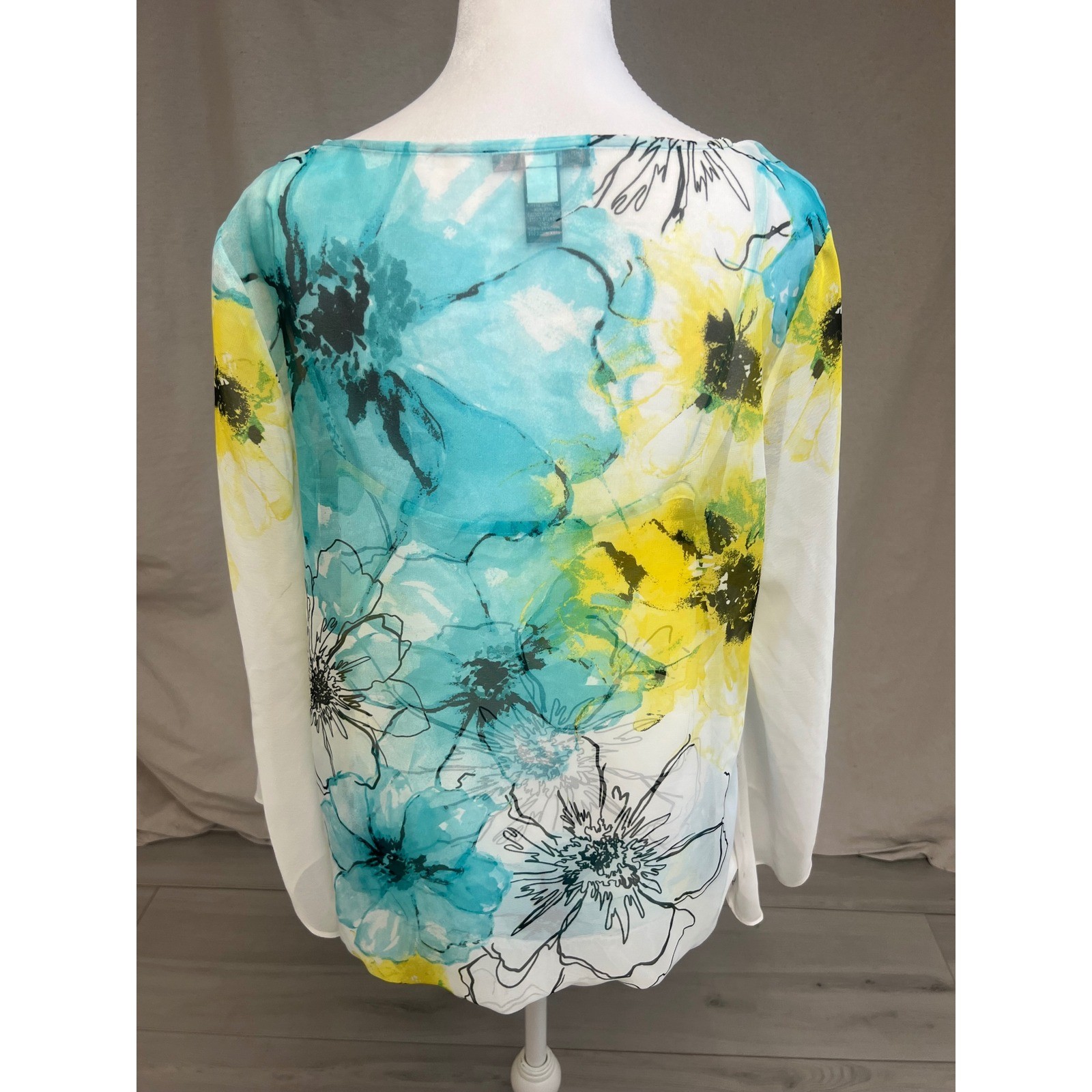 Alfani Floral Blouse Sz PM Yellow Turquoise Rhinestone Chiffon Whimsigoth Boho