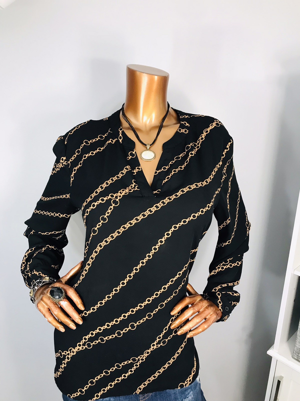 Anne Klein L Top Chains Prints Button Up Shirt Blouse Soft Sheer Long Slvs V Cut