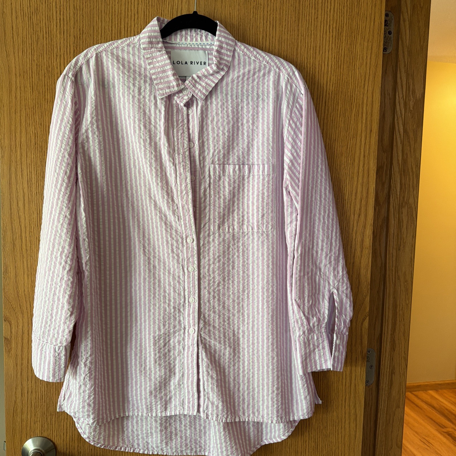 Lola River Pink White Striped Linen Blend Button Down Shirt Womens Large