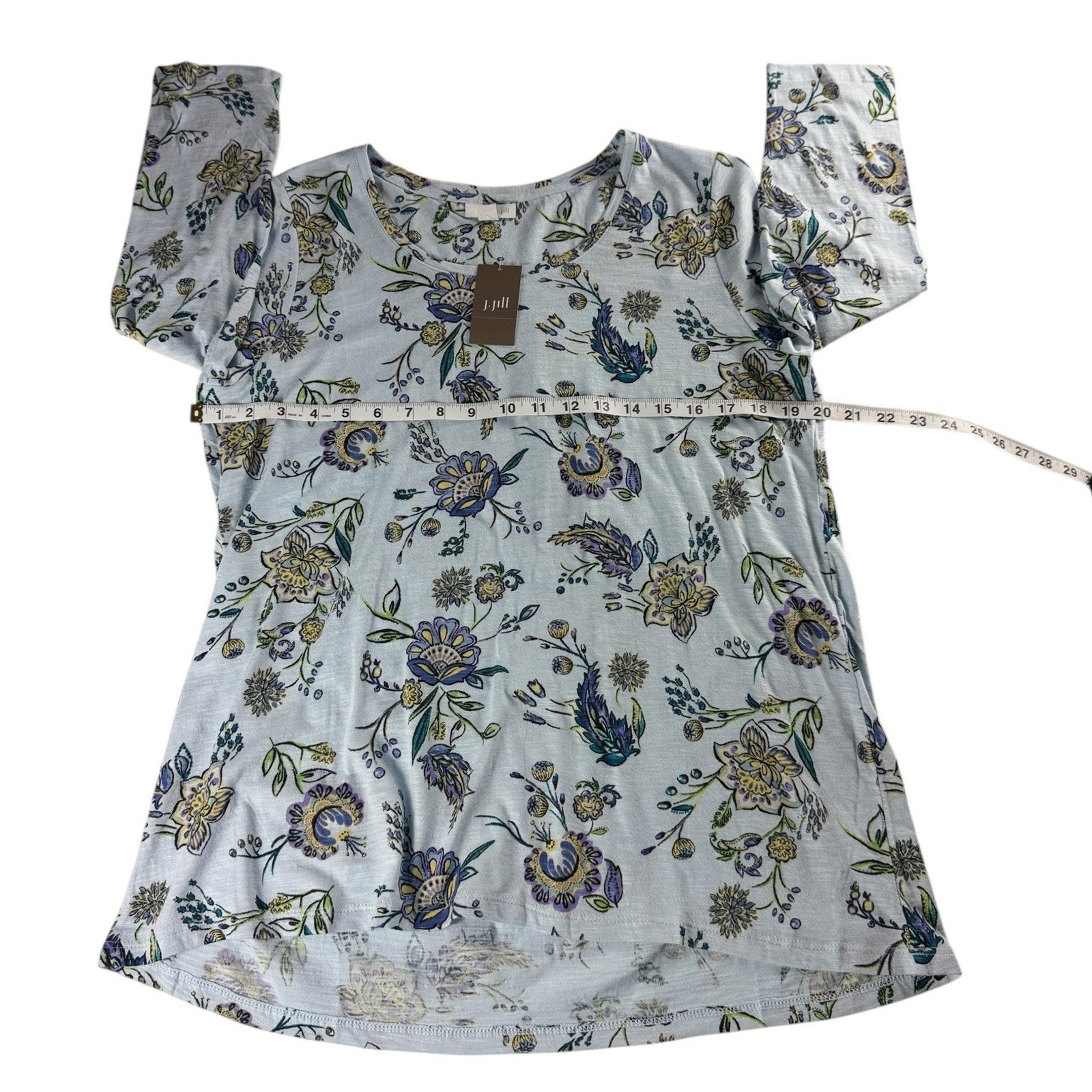 J. Jill Womens Floral 3/4 Sleeve Slub Knit Top Blue Medium 080231 NWT