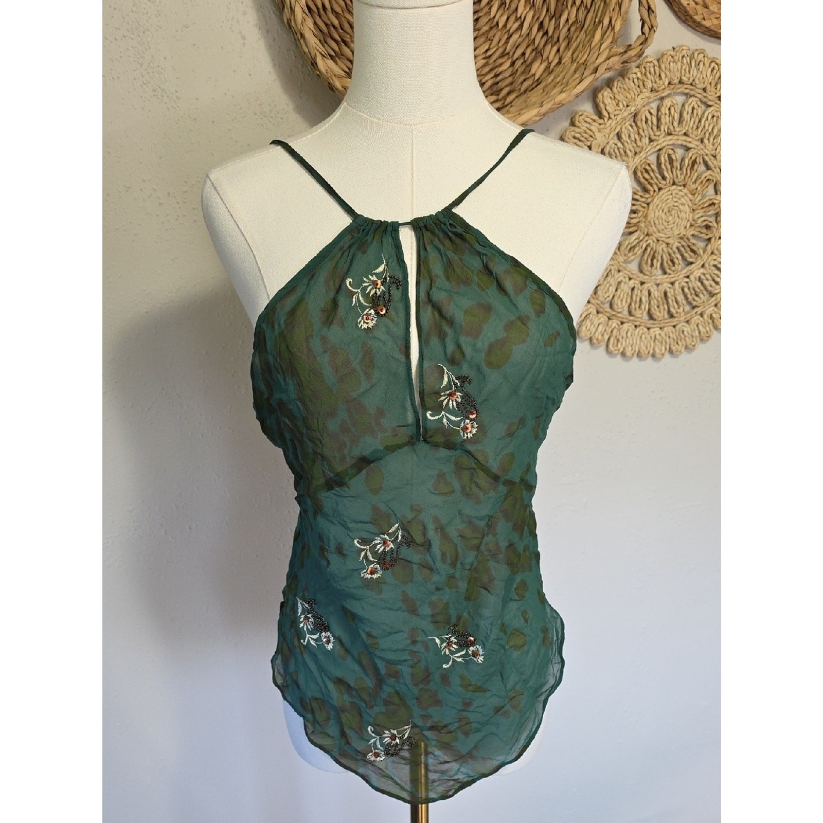 Y2k Victorias Secret SILK Chiffon RARE Green Embroidered Cami Halter Tank Top M