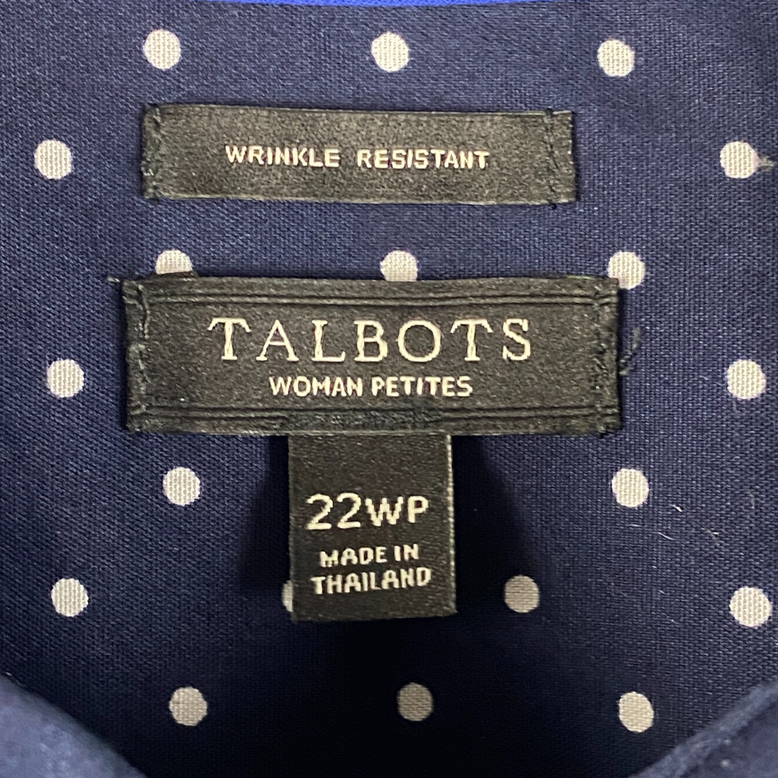 Talbots Wrinkle Resistant Button Up Shirt Size 22WP Navy White Polka Dot Stretch