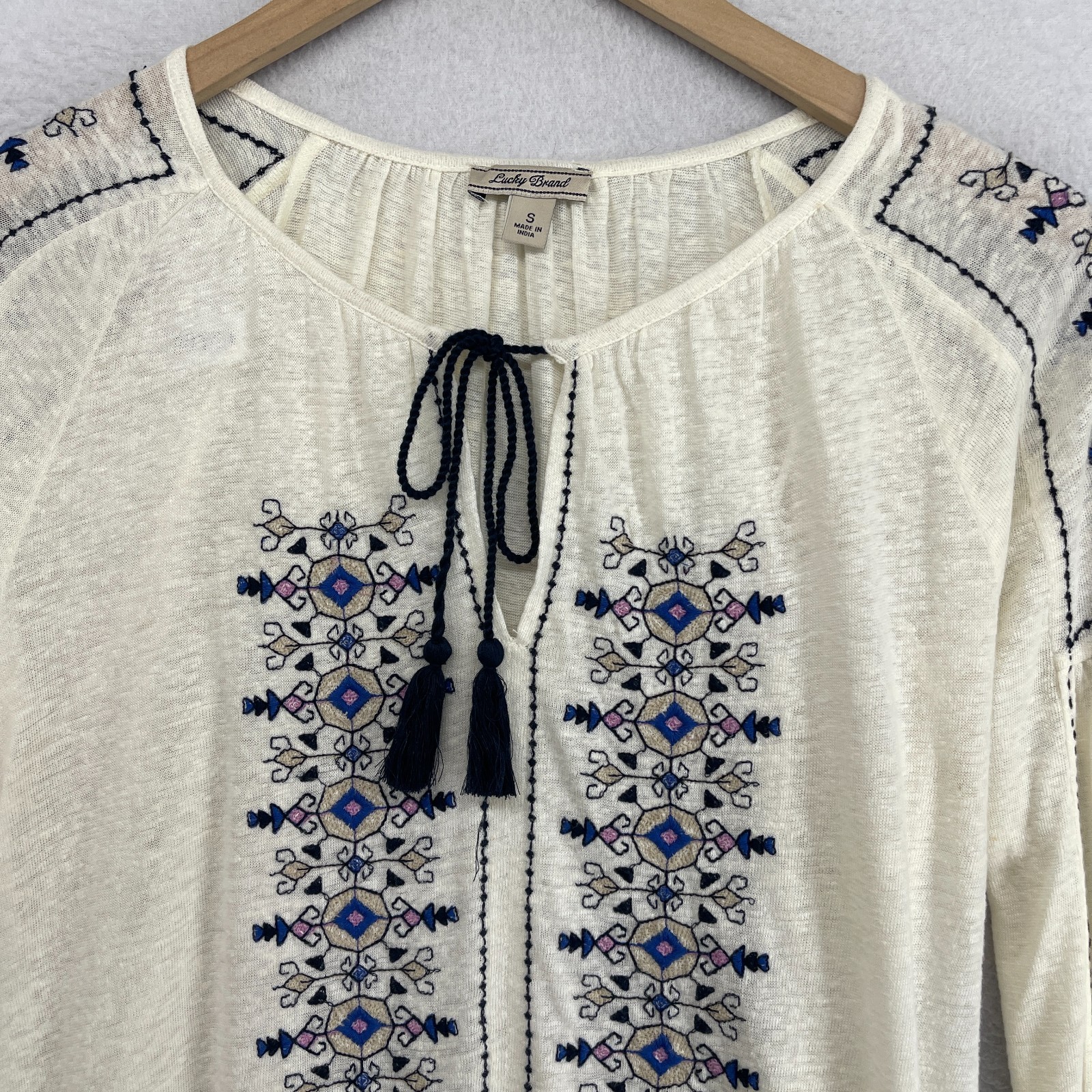 LUCKY BRAND Top S Boho Peasant Tunic Tassel Tie Slub Linen Blend Off White